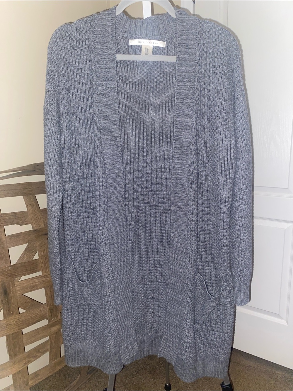 Max Studio Light Gray Open-Front Long Knit Cardigan